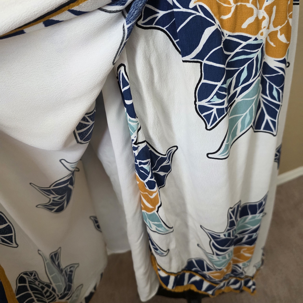 * Nine West Scarf Printed Wrap Dress. White Floral Maxi, Navy Mustard Accent LG - Picture 8 of 11